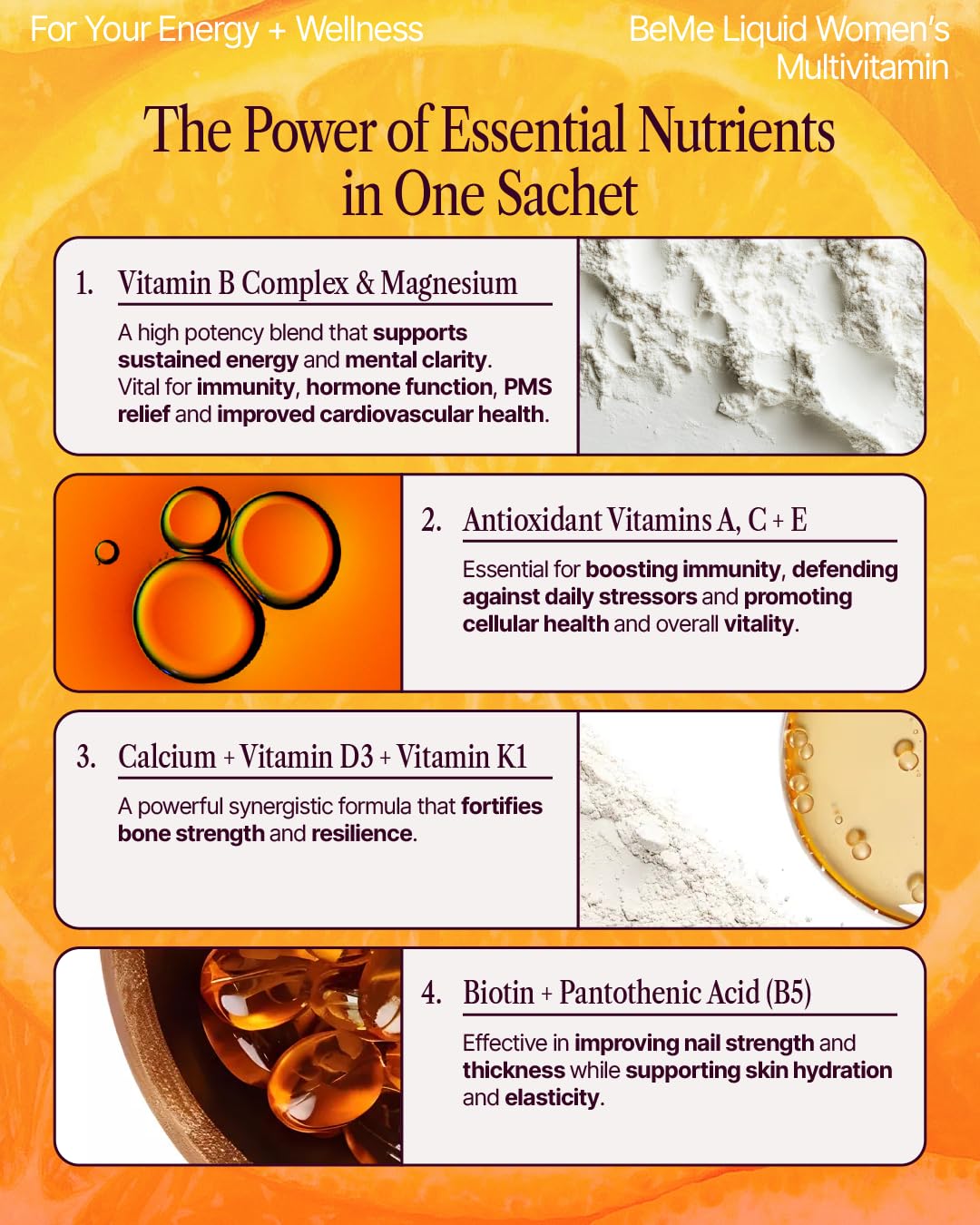 BeMe orange sachet pour into glass highlights convenient, fast absorption