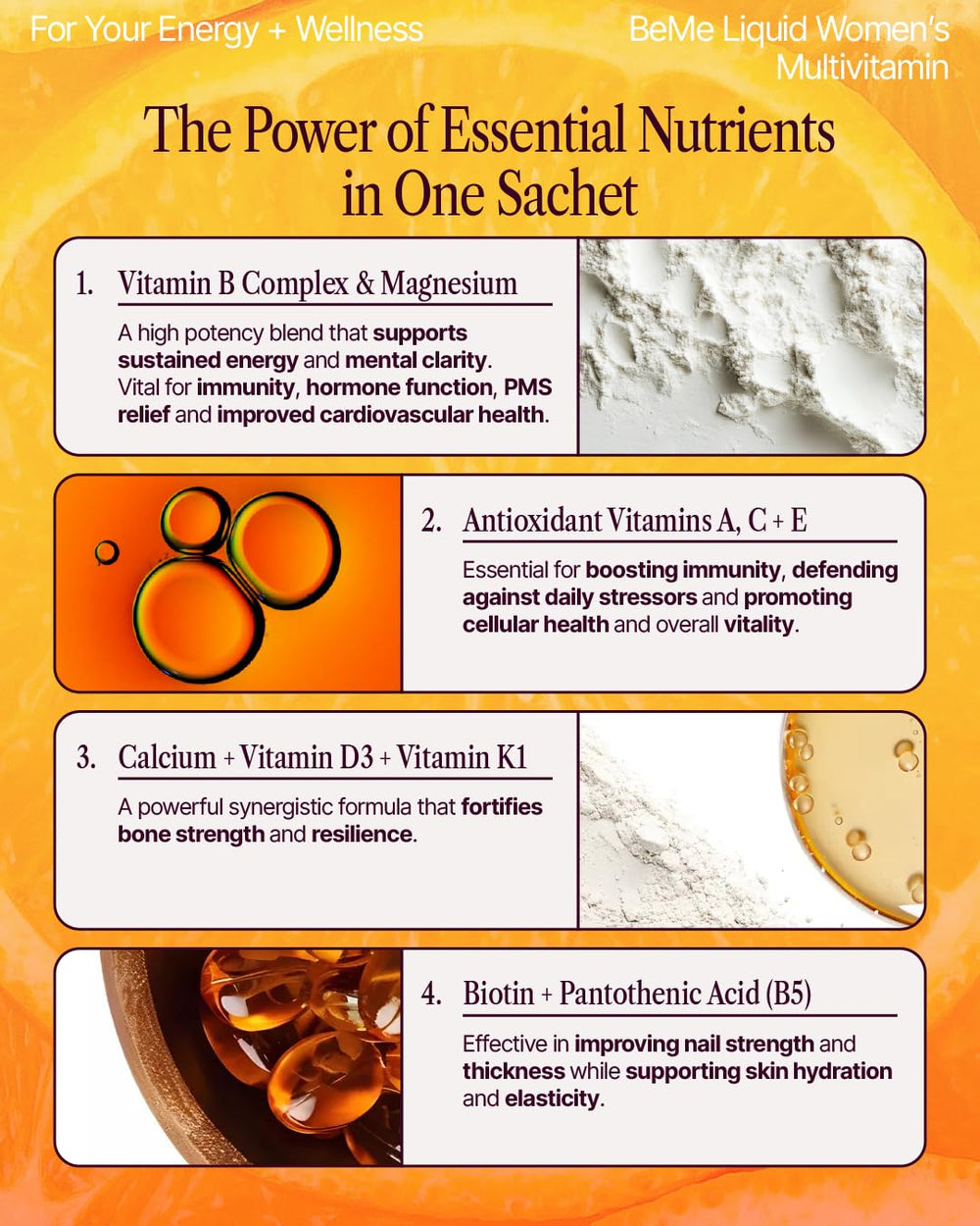 BeMe orange sachet pour into glass highlights convenient, fast absorption