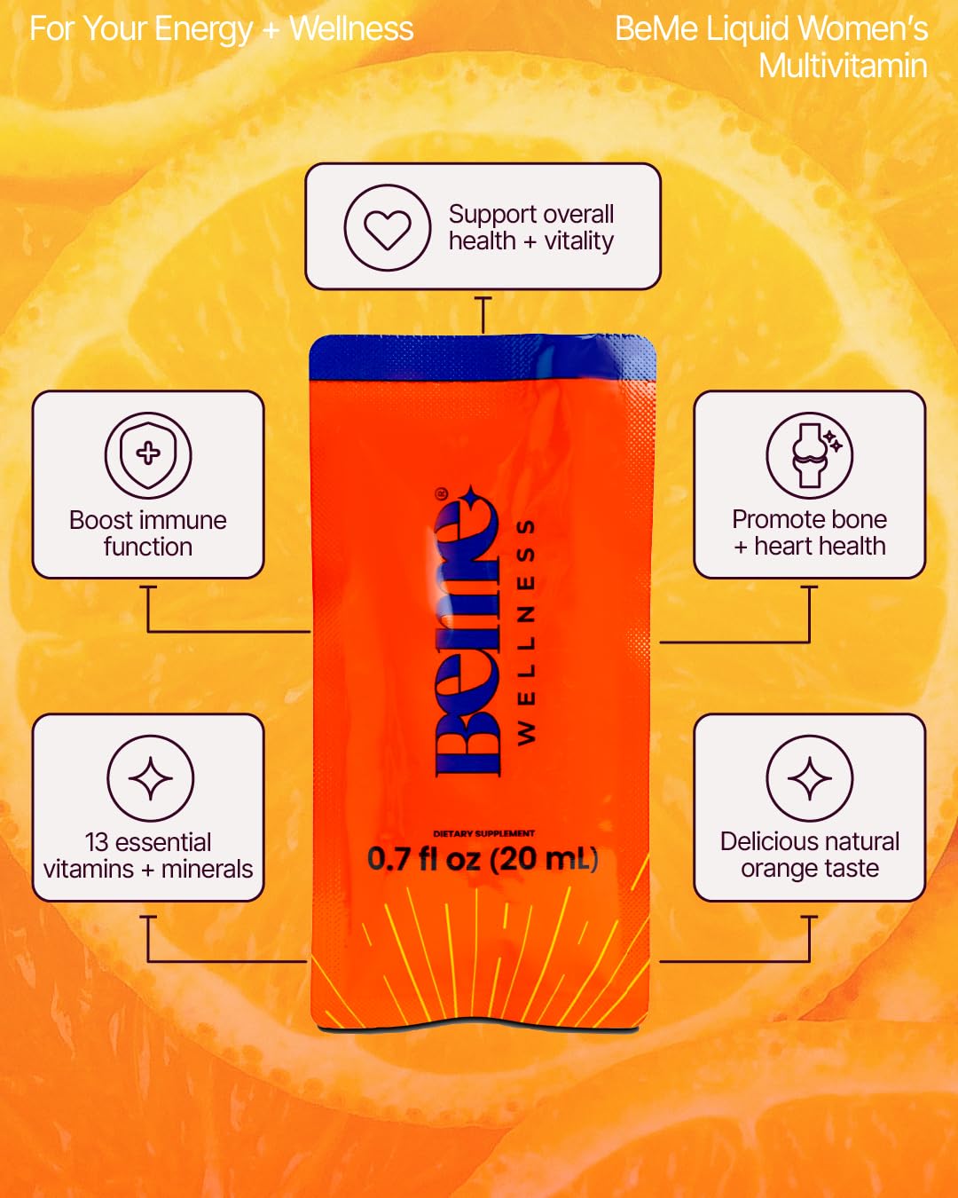 BeMe orange-sachet close-up reveals tear-and-go convenience