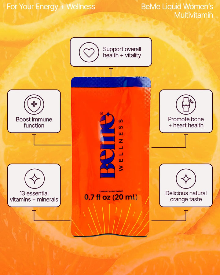 BeMe orange-sachet close-up reveals tear-and-go convenience
