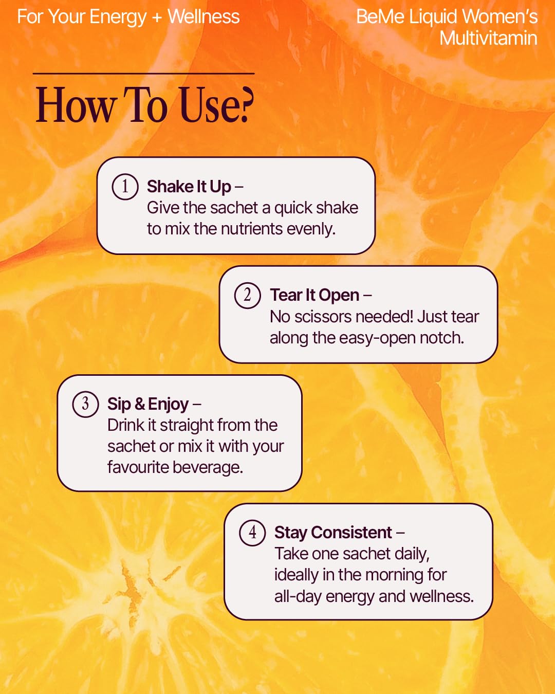 BeMe orange sachet travel kit ready for on-the-road wellness