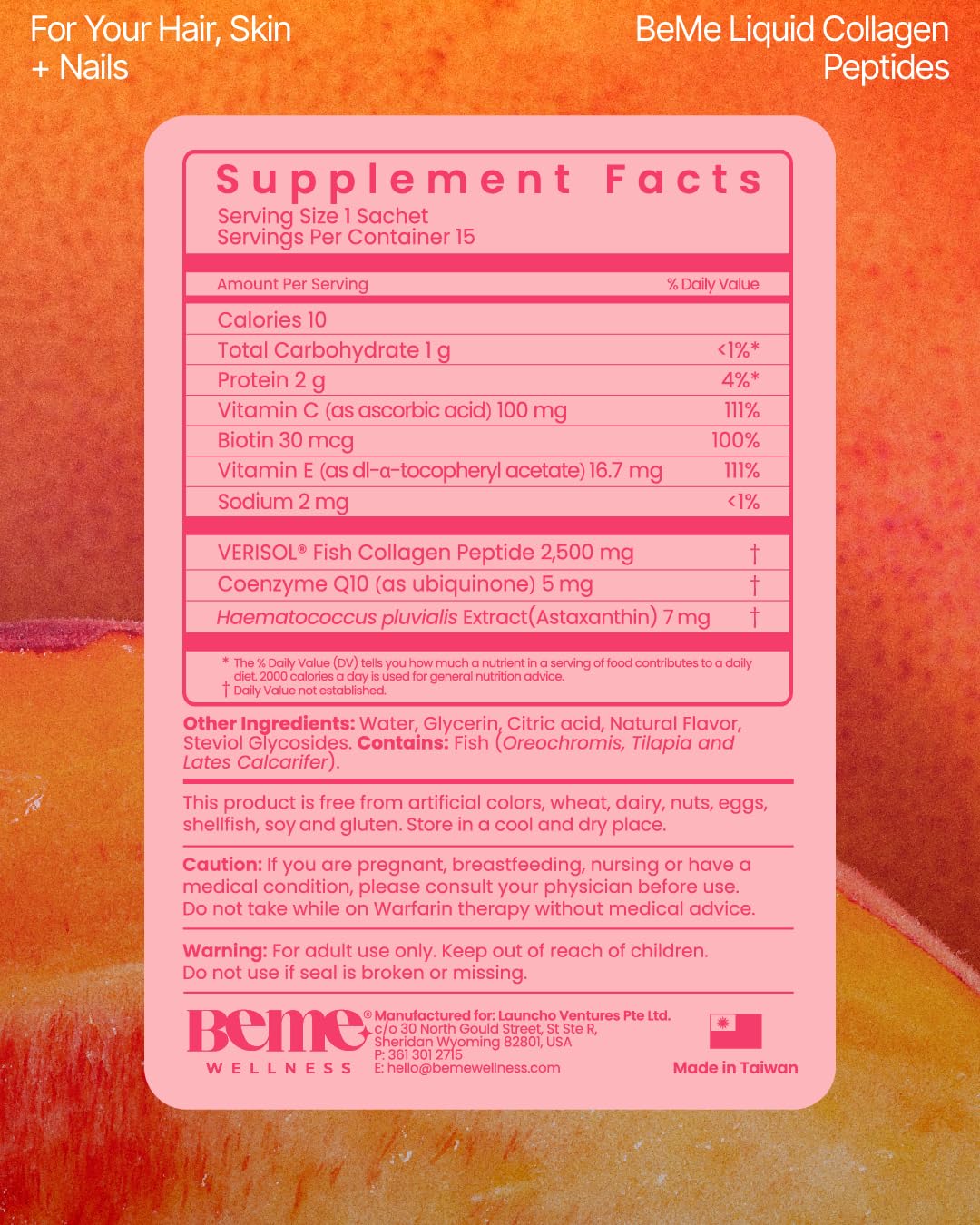 BeMe peach sachet added to a glass to illustrate easy daily use.