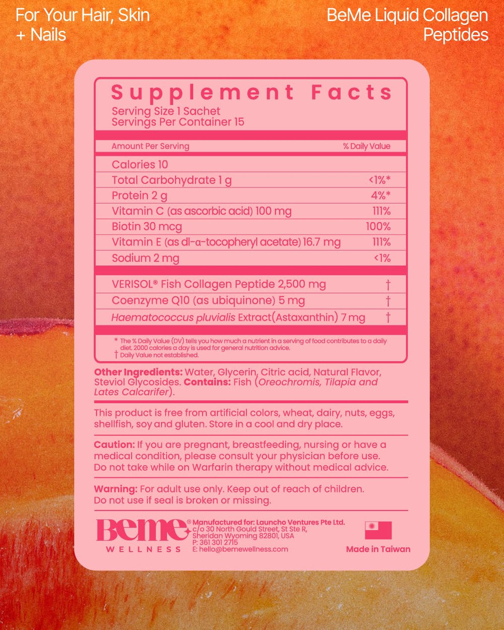 BeMe peach sachet added to a glass to illustrate easy daily use.