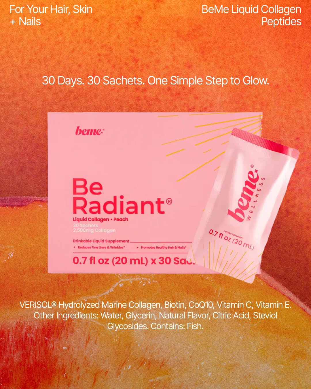 BeMe peach sachets on a vanity ready for a simple morning routine.