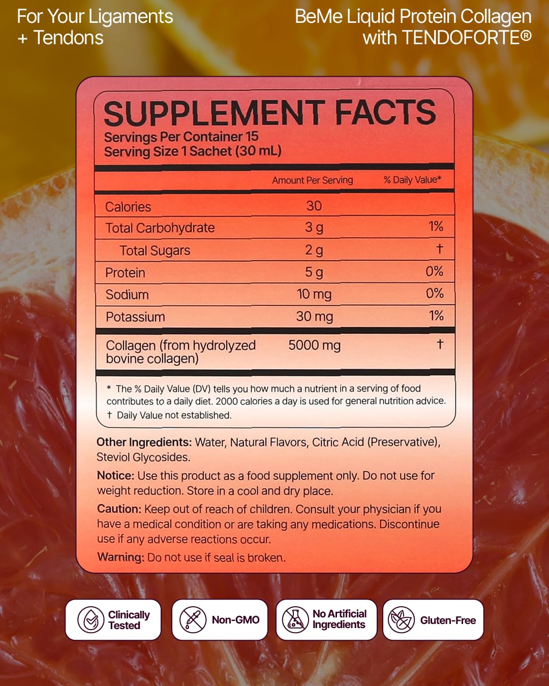 BeMe label highlights 5,000 mg per serving for strong connective tissue support.
