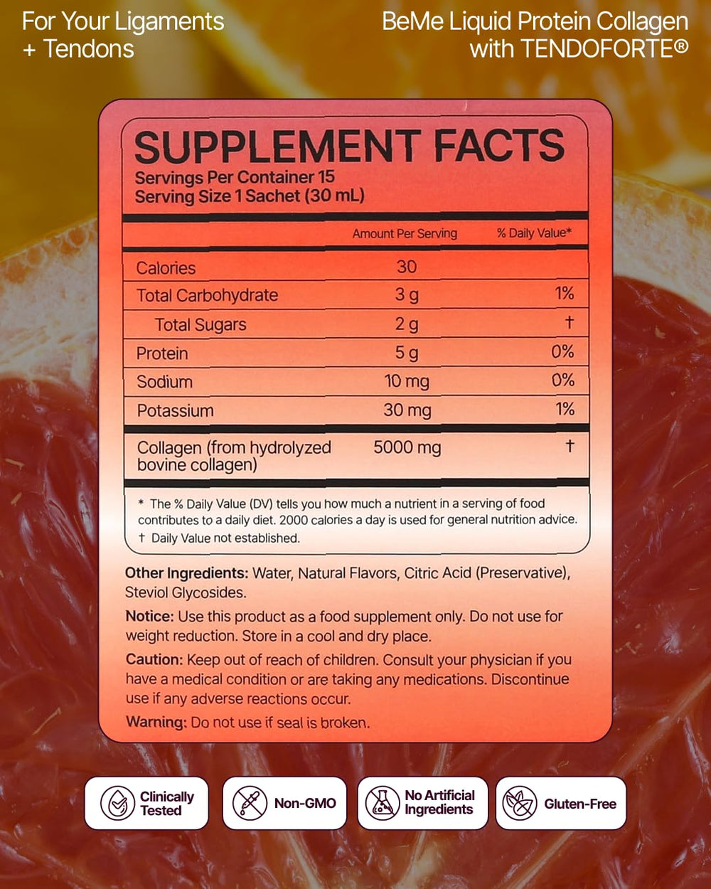 BeMe label highlights 5,000 mg per serving for strong connective tissue support.