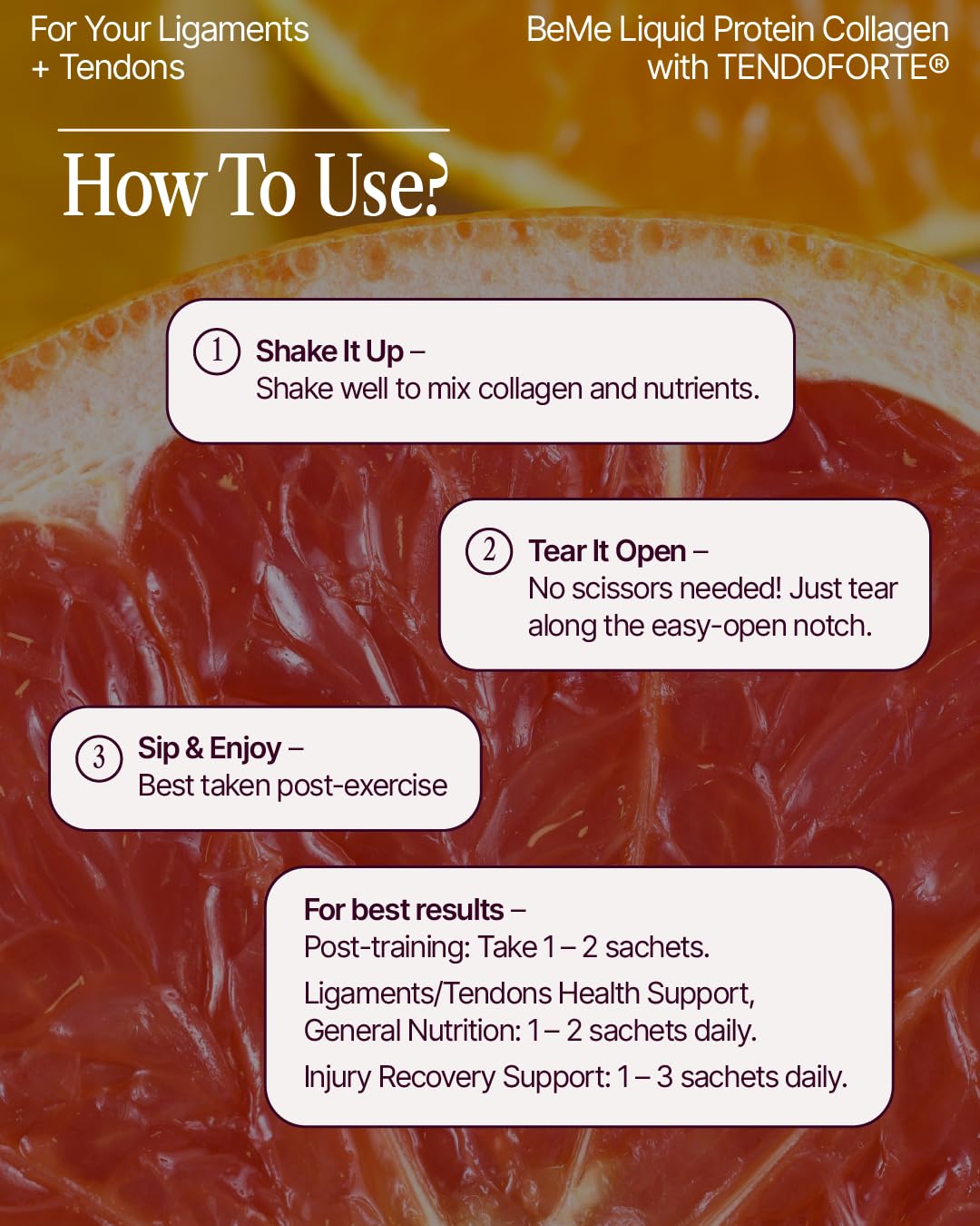 BeMe liquid sachets designed for tear-and-go use with no mixing required.