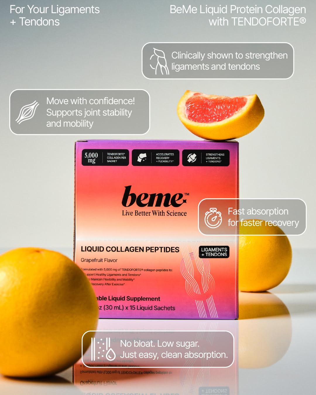 BeMe Tendon Forte liquid sachets enable fast absorption during training.