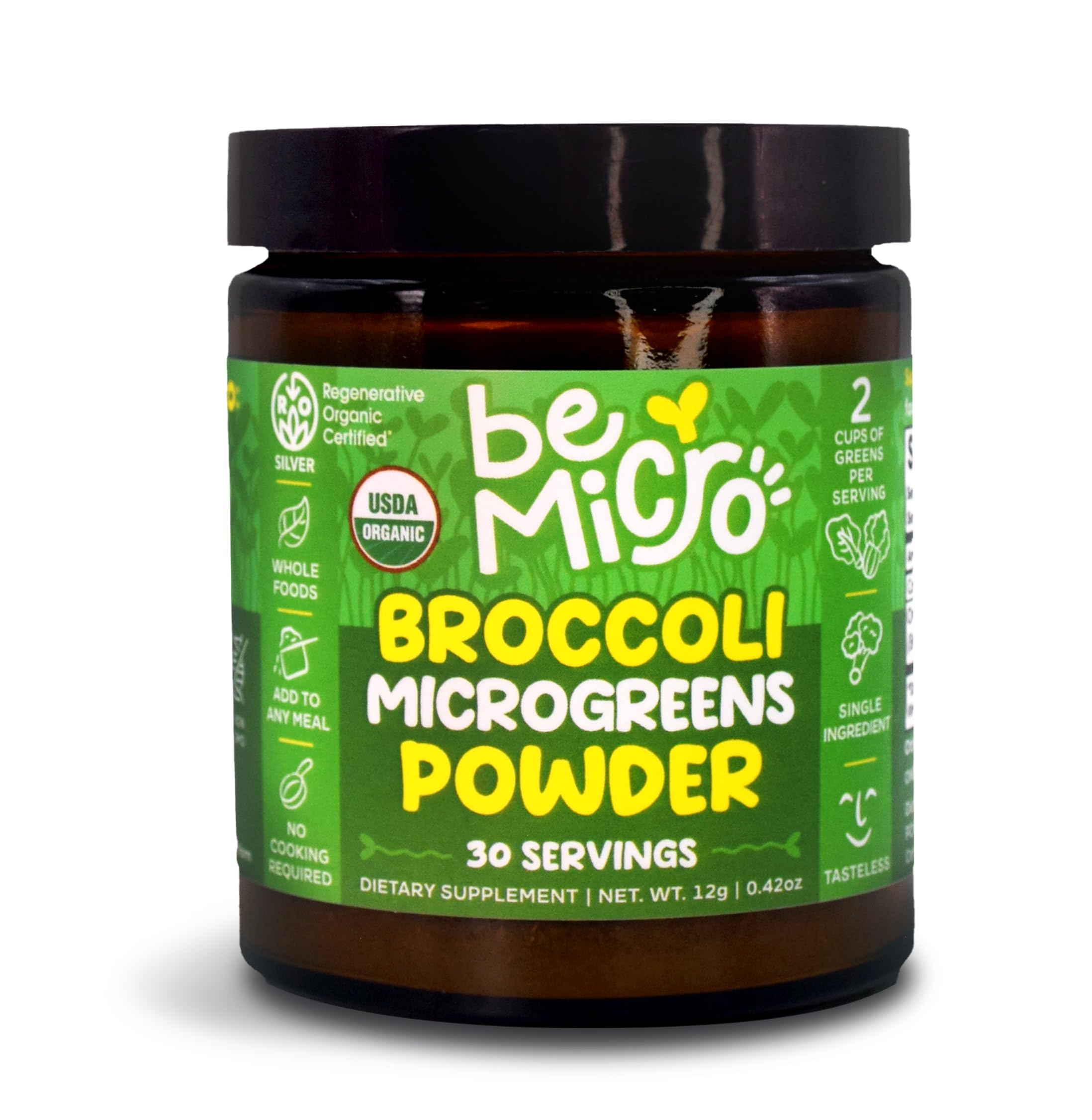 BeMicro broccoli microgreen powder bottle on kitchen shelf supporting daily nutrition.