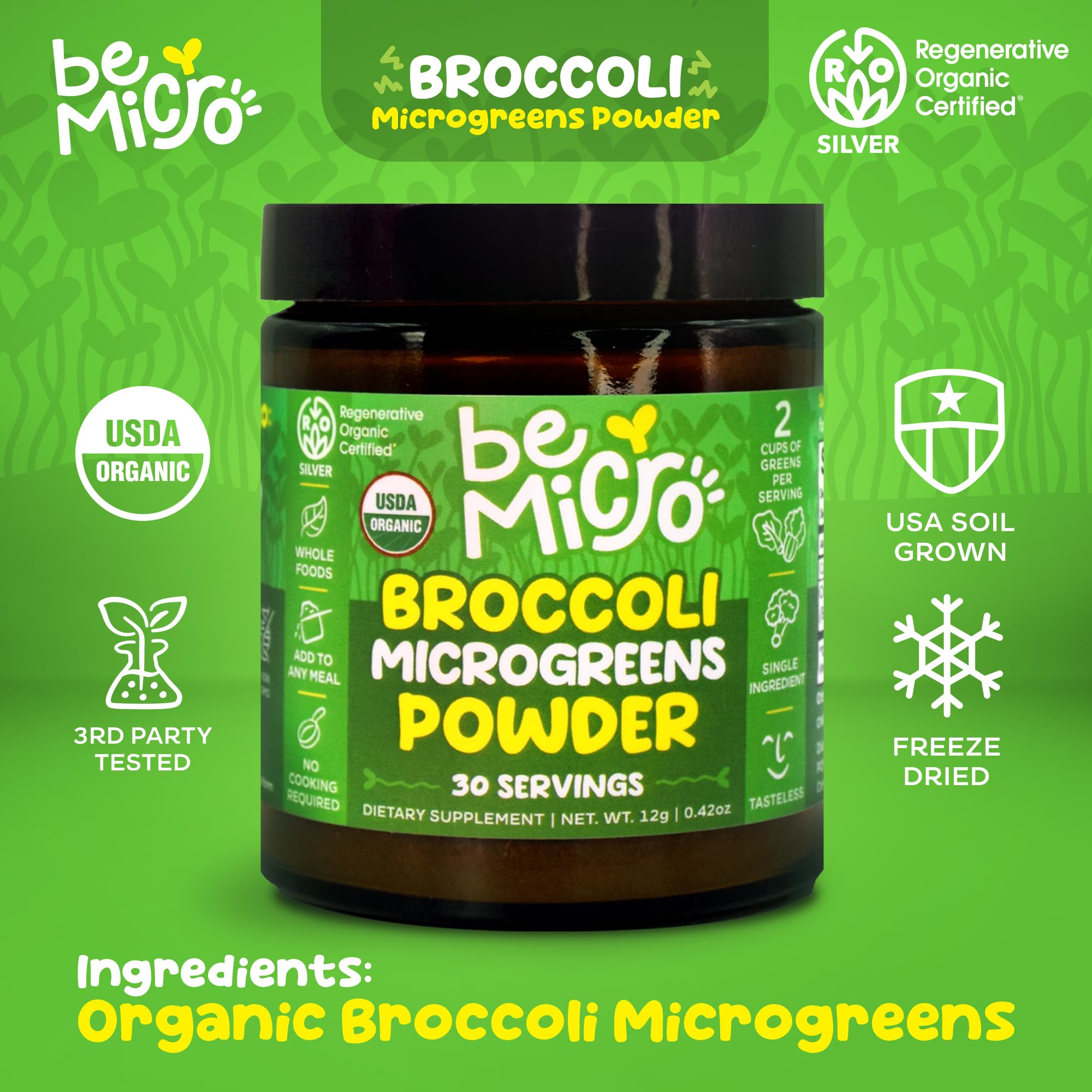 BeMicro broccoli microgreen powder in shaker suggests easy addition to drinks.
