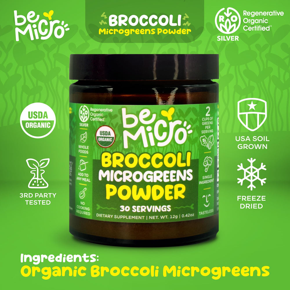 BeMicro broccoli microgreen powder in shaker suggests easy addition to drinks.