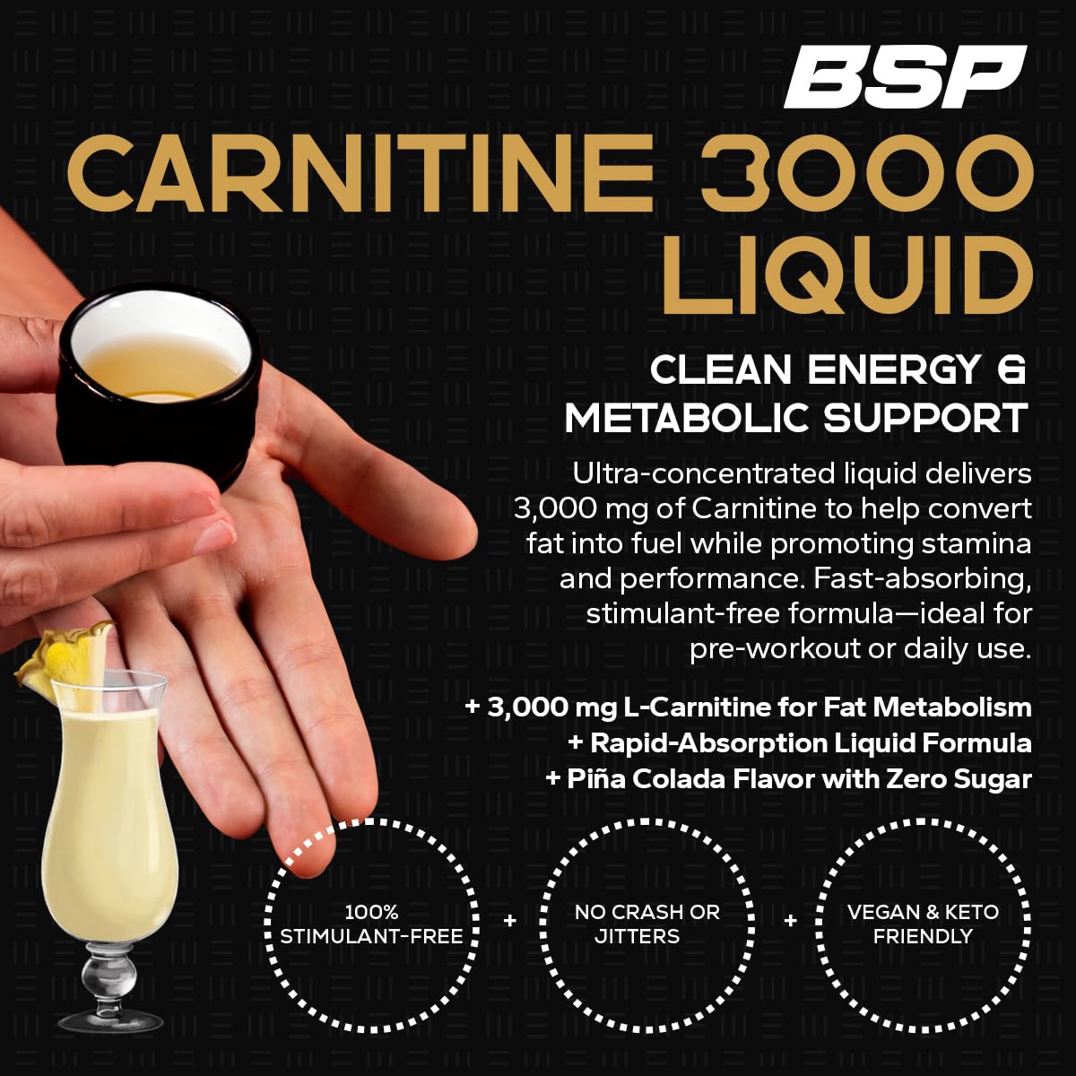 Pouring Benavidez Carnitine 3000 Liquid into a glass for a caffeine-free boost