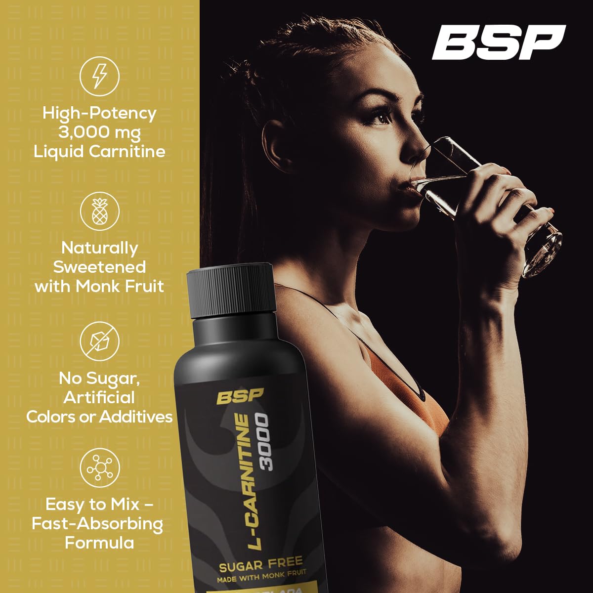 Vegan, keto-friendly badges on Benavidez Carnitine 3000 packaging