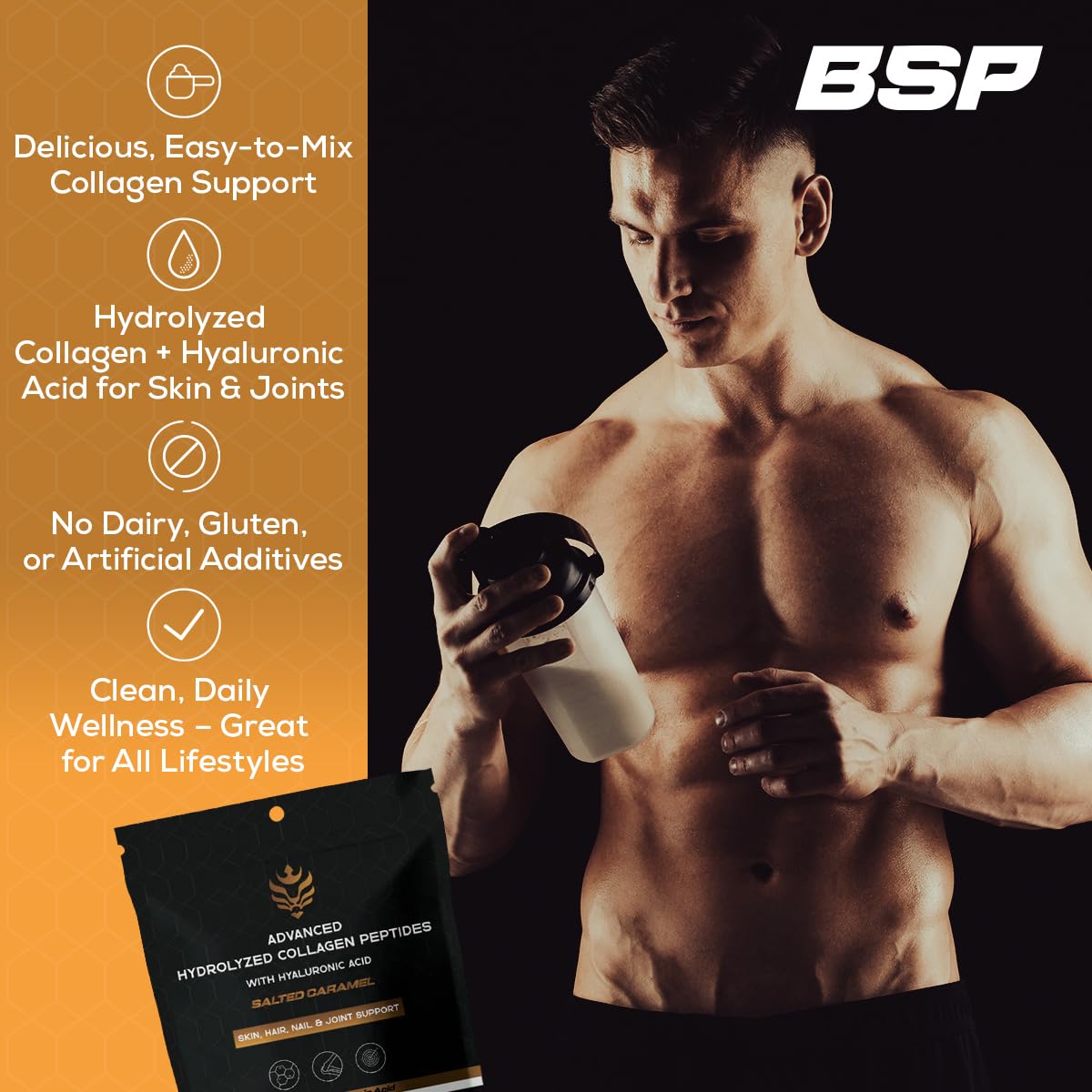 Benavidez Collagen Peptides nutrition panel shows gluten, dairy, and soy free.