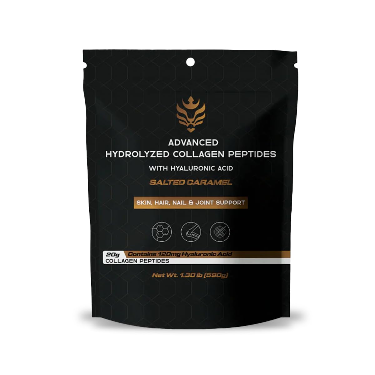Benavidez Collagen Peptides Salted Caramel bottle showing 20g protein per serving for skin support.