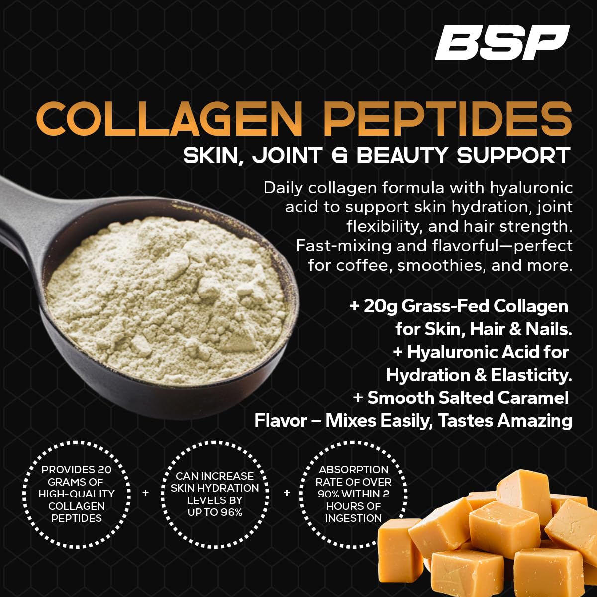 Benavidez Collagen Peptides Salted Caramel scoop ready for shakes.