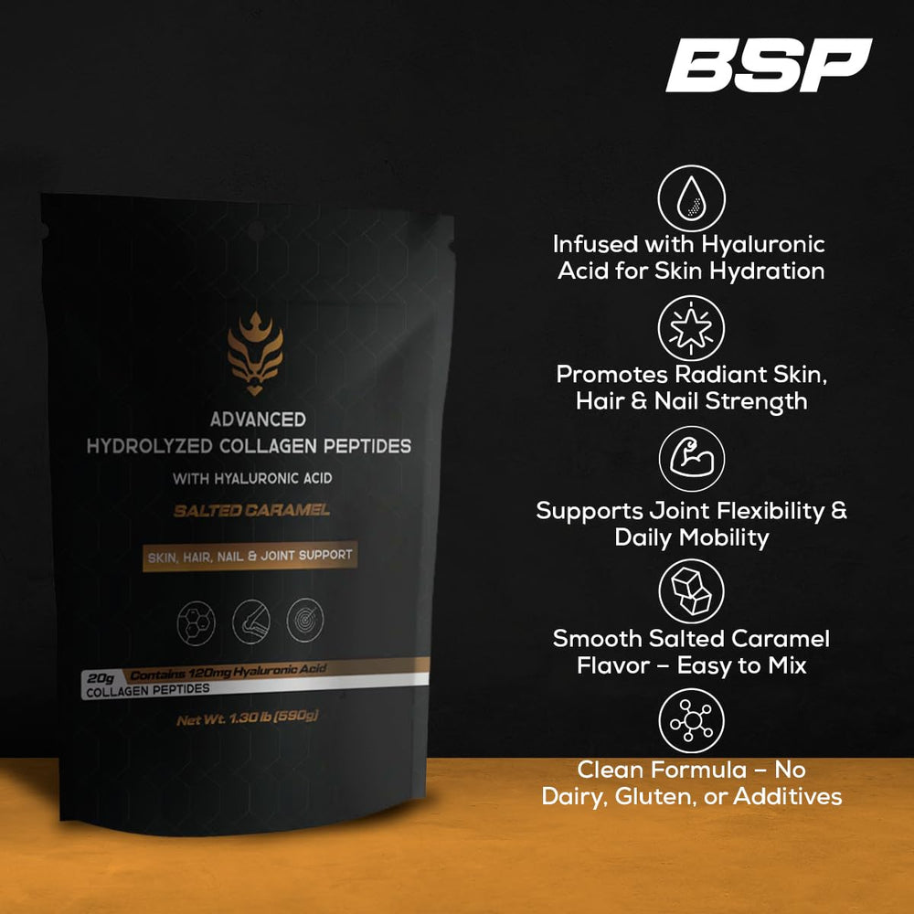 Benavidez Collagen Peptides Salted Caramel label highlights grass-fed sourcing.