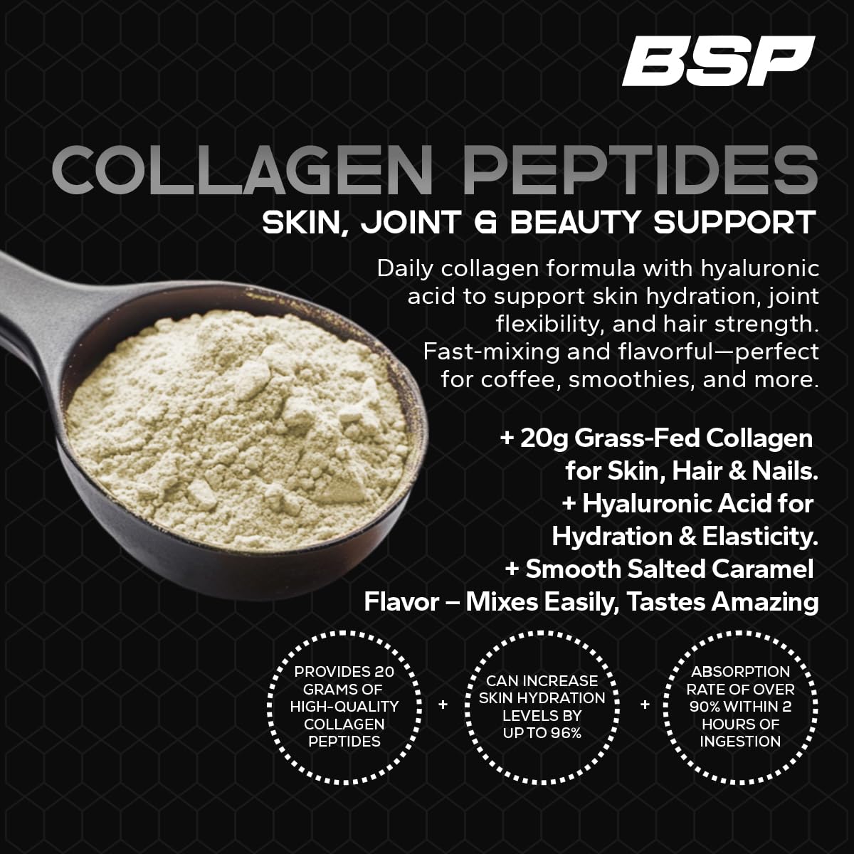 Benavidez Collagen Peptides scoop dispensed for easy mix into beverages
