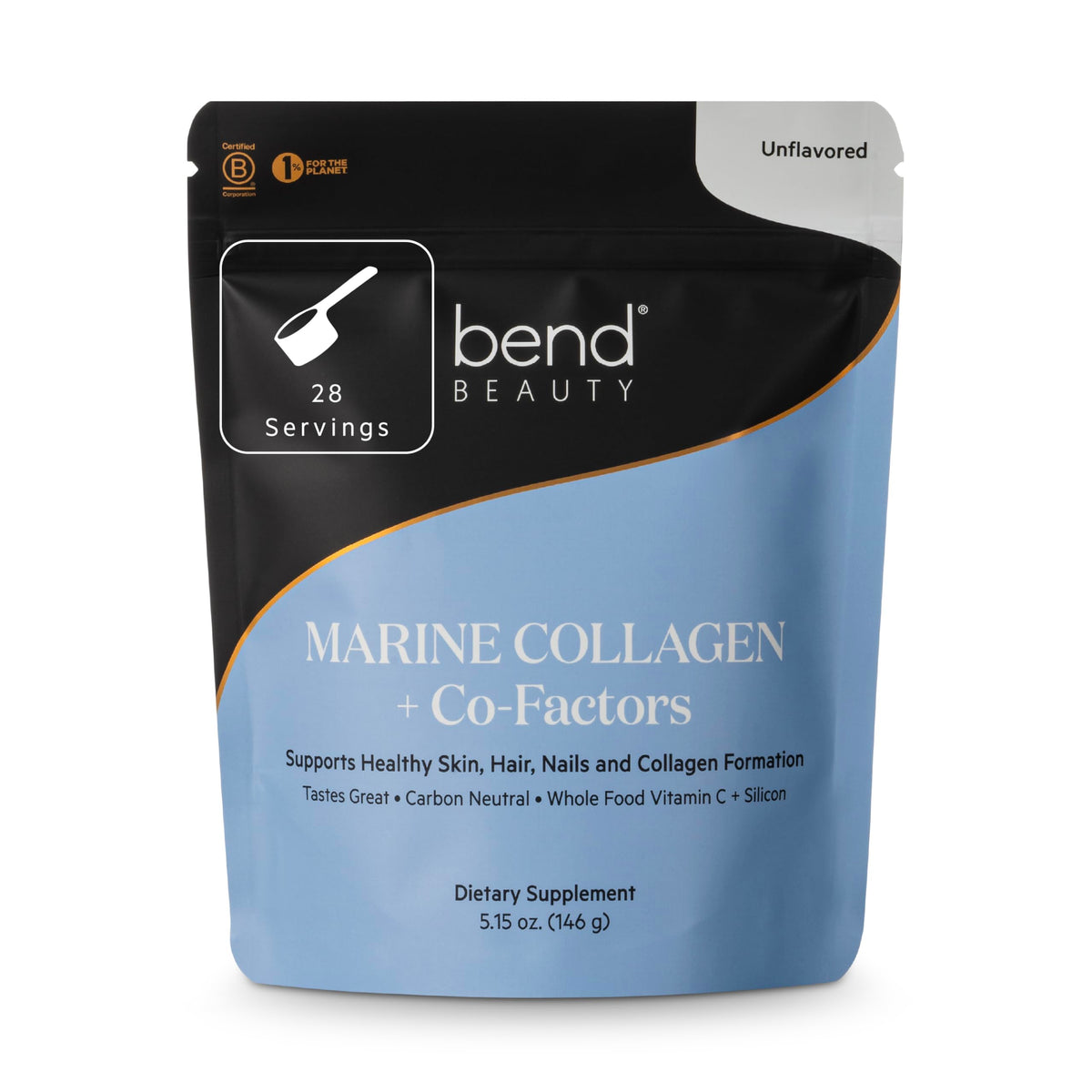 Bend Marine Collagen CoFactors tub label—eco sourcing and daily collagen support.
