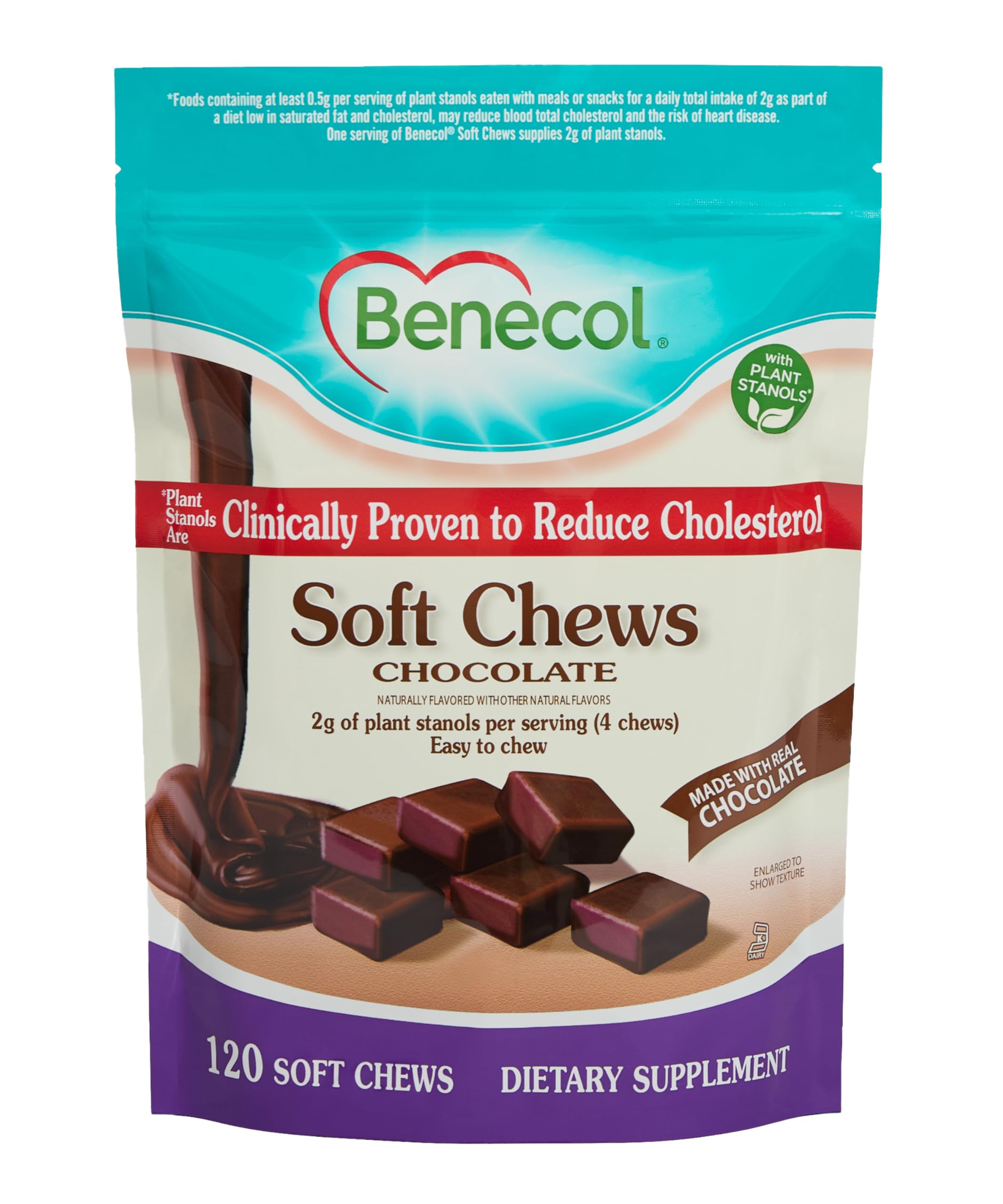 Benecol Soft Chews chocolate pack closeup, a tasty snack for cholesterol-conscious routines.