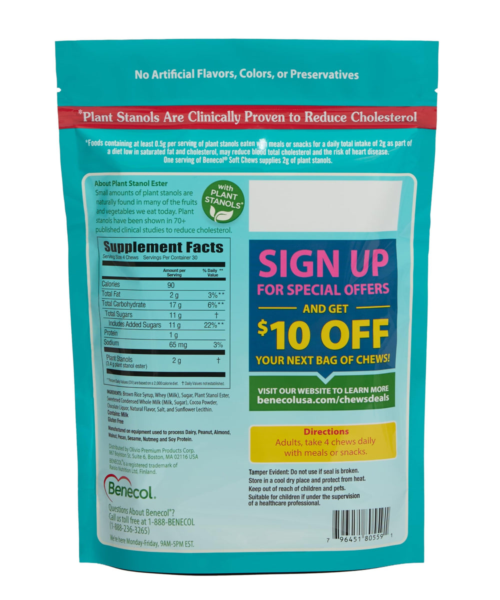 Benecol Soft Chews four-piece serving showing two grams of plant stanols.