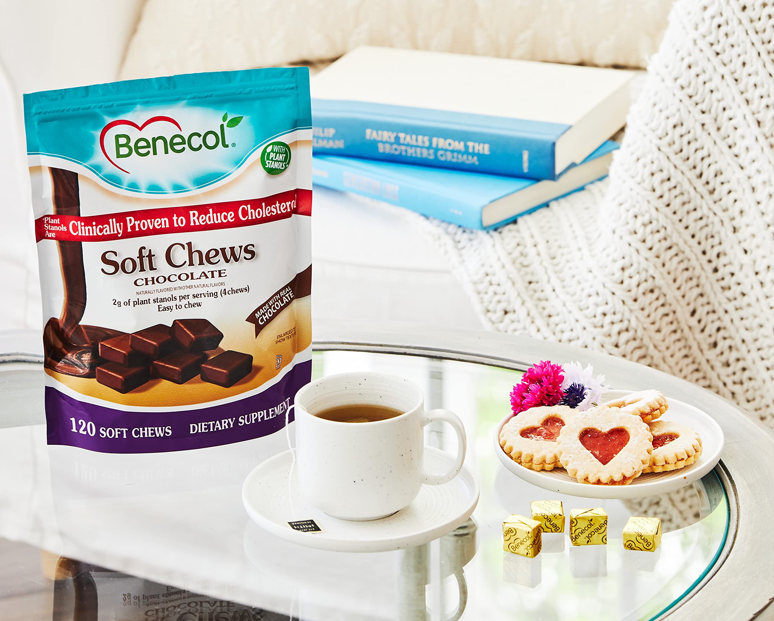 Benecol Soft Chews ingredient panel shot highlighting plant stanol esters.