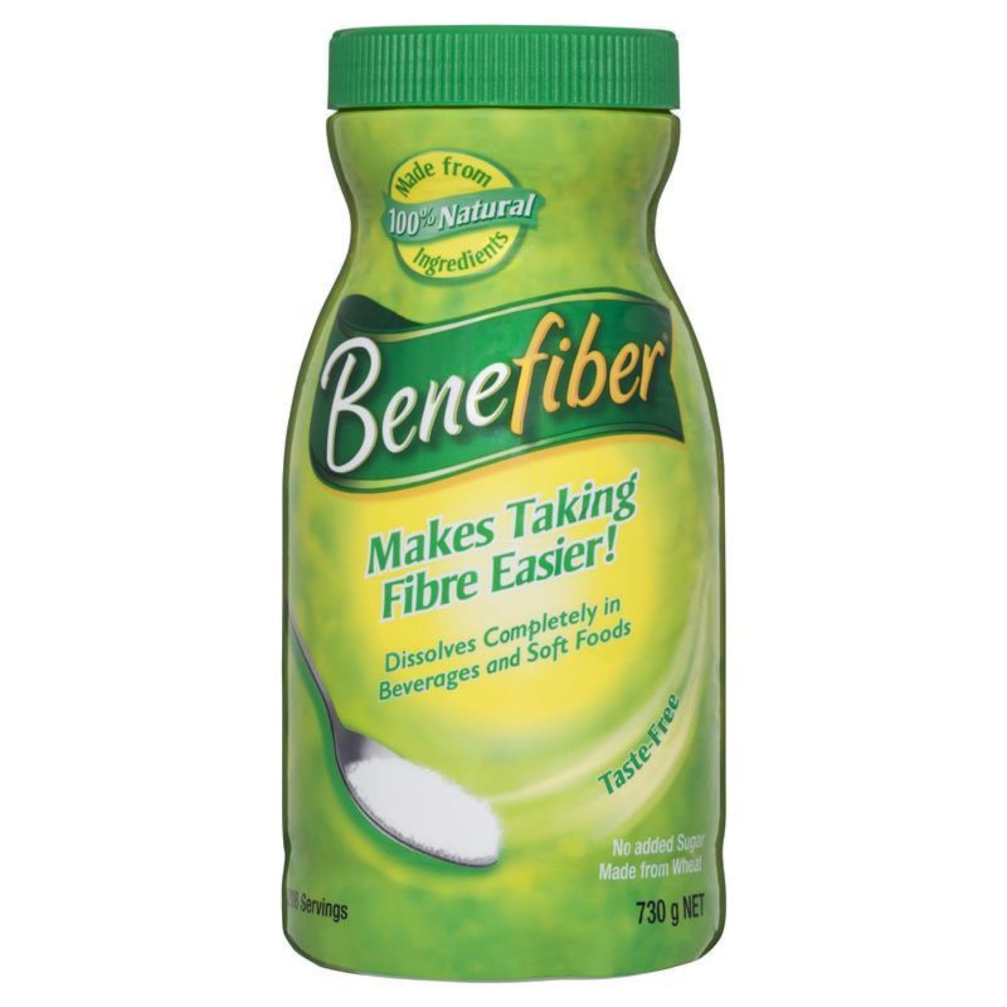 Benefiber 730g bottle front view showing clear, taste-free fiber supplement