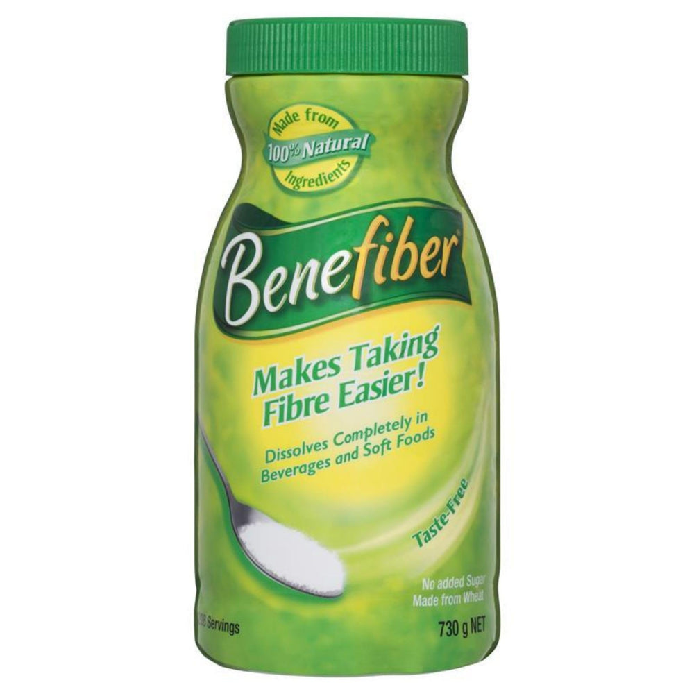 Benefiber 730g bottle front view showing clear, taste-free fiber supplement