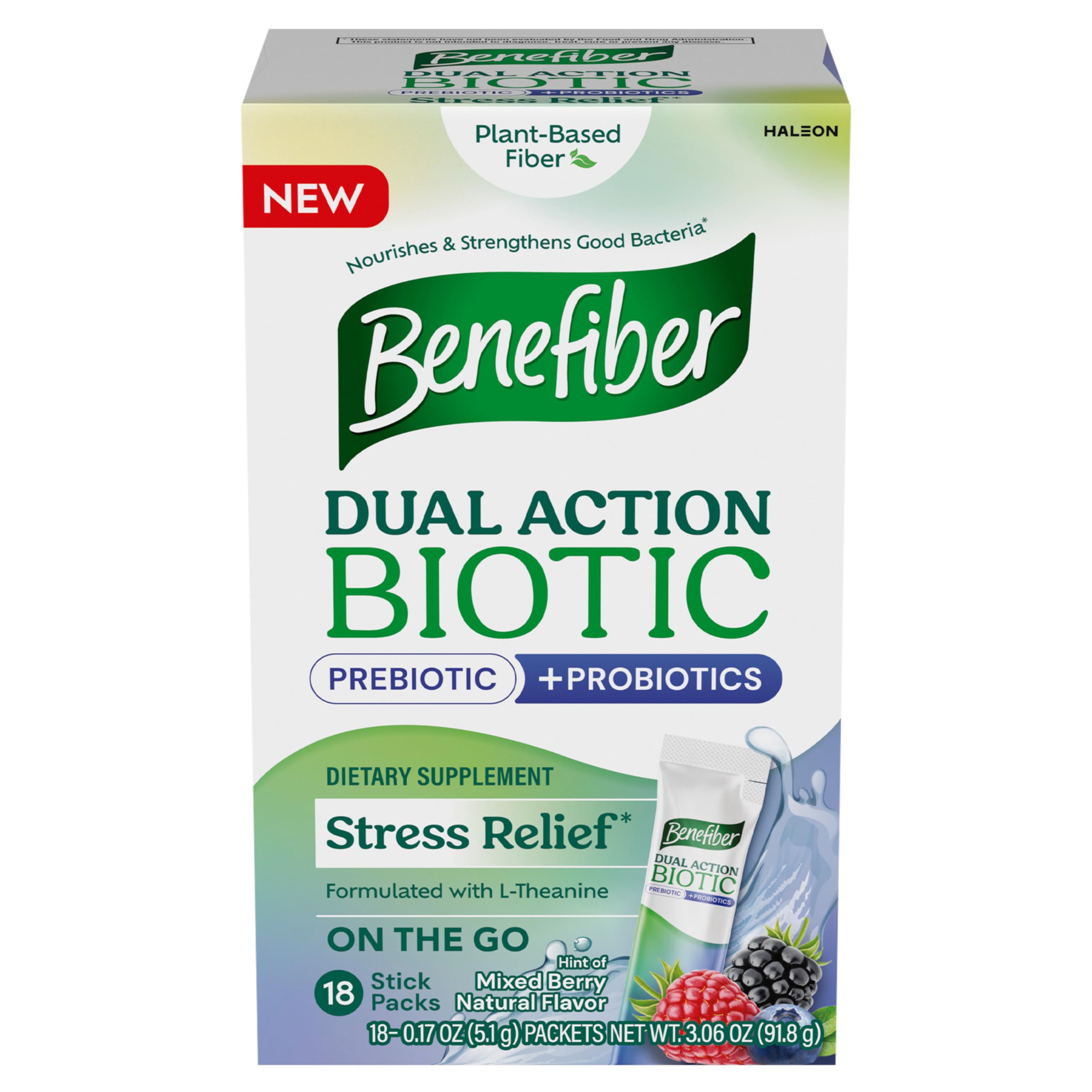 Benefiber Dual Action Biotic Plus berry stick-pack for daily digestive balance.