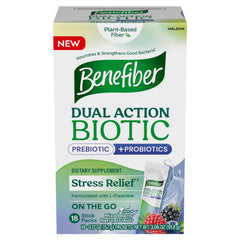 Benefiber Dual Action Biotic Plus berry stick-pack for daily digestive balance.