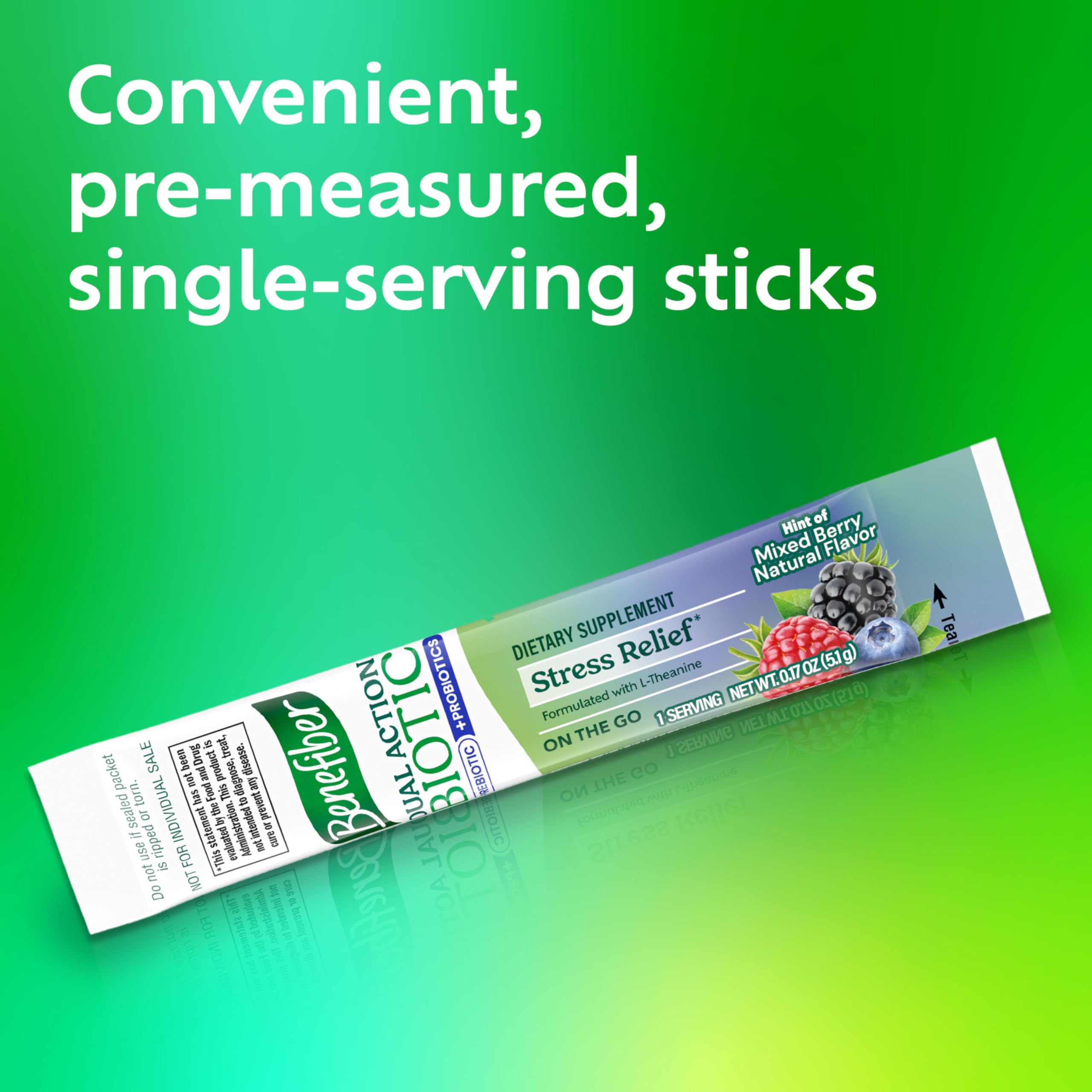 Benefiber L-theanine calm support stick-pack for calm moments.