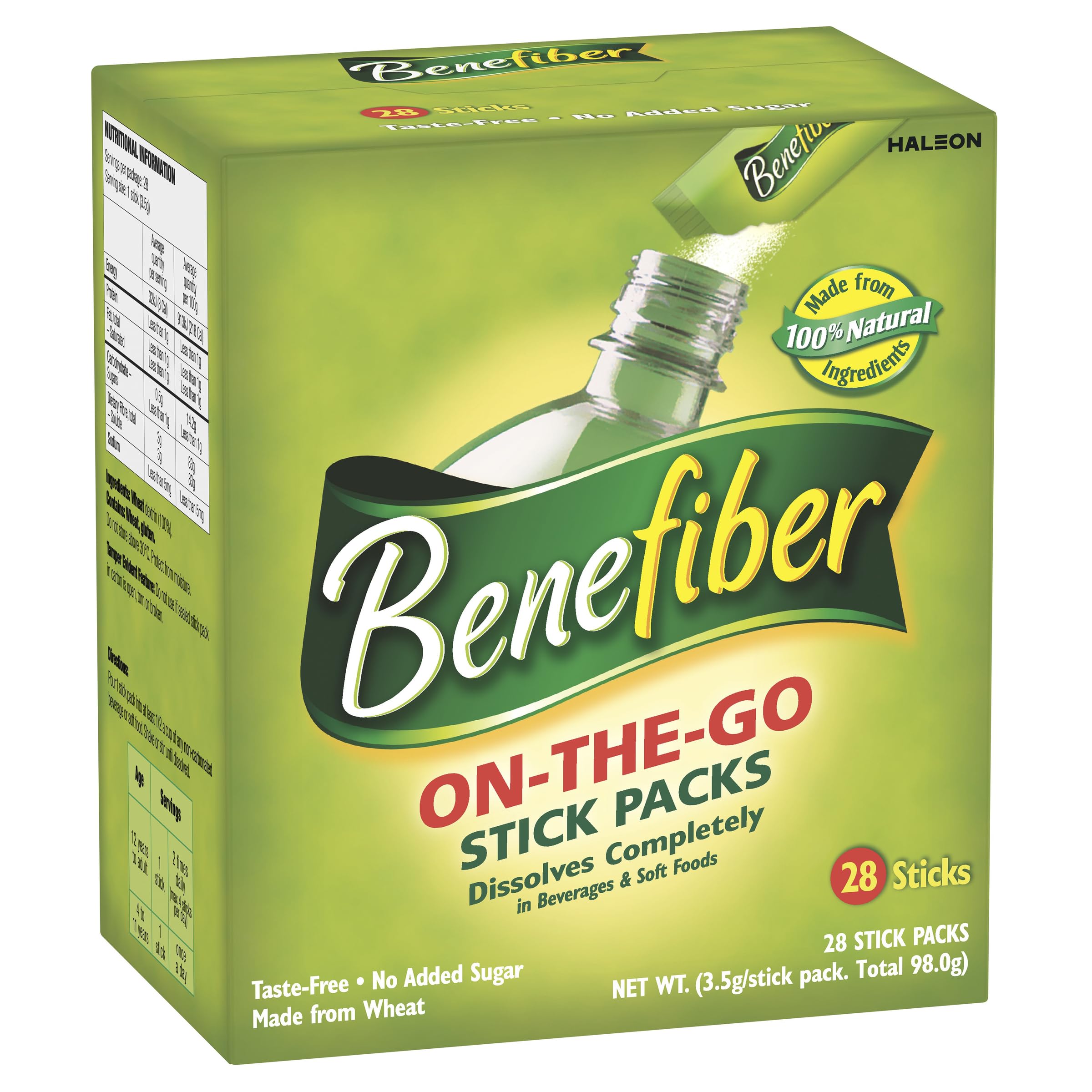 Benefiber on-the-go sticks 28-pack front view for easy daily fiber supplementation.