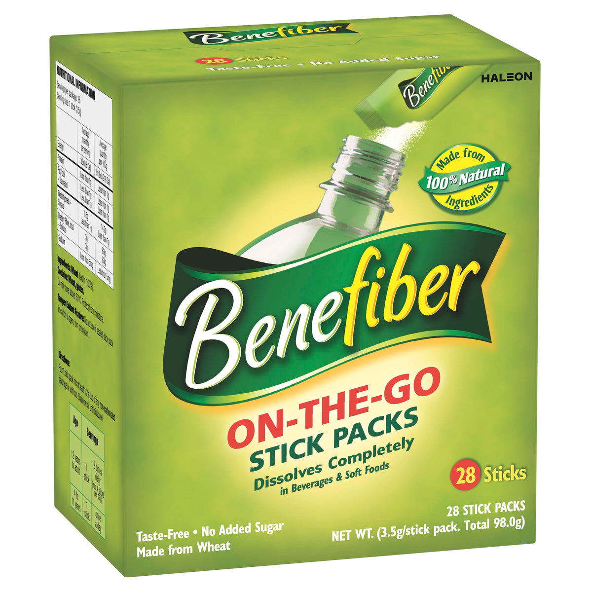 Benefiber on-the-go sticks 28-pack front view for easy daily fiber supplementation.