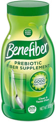 Benefiber prebiotic fiber powder in unflavored form dissolves clearly for daily digestive support.
