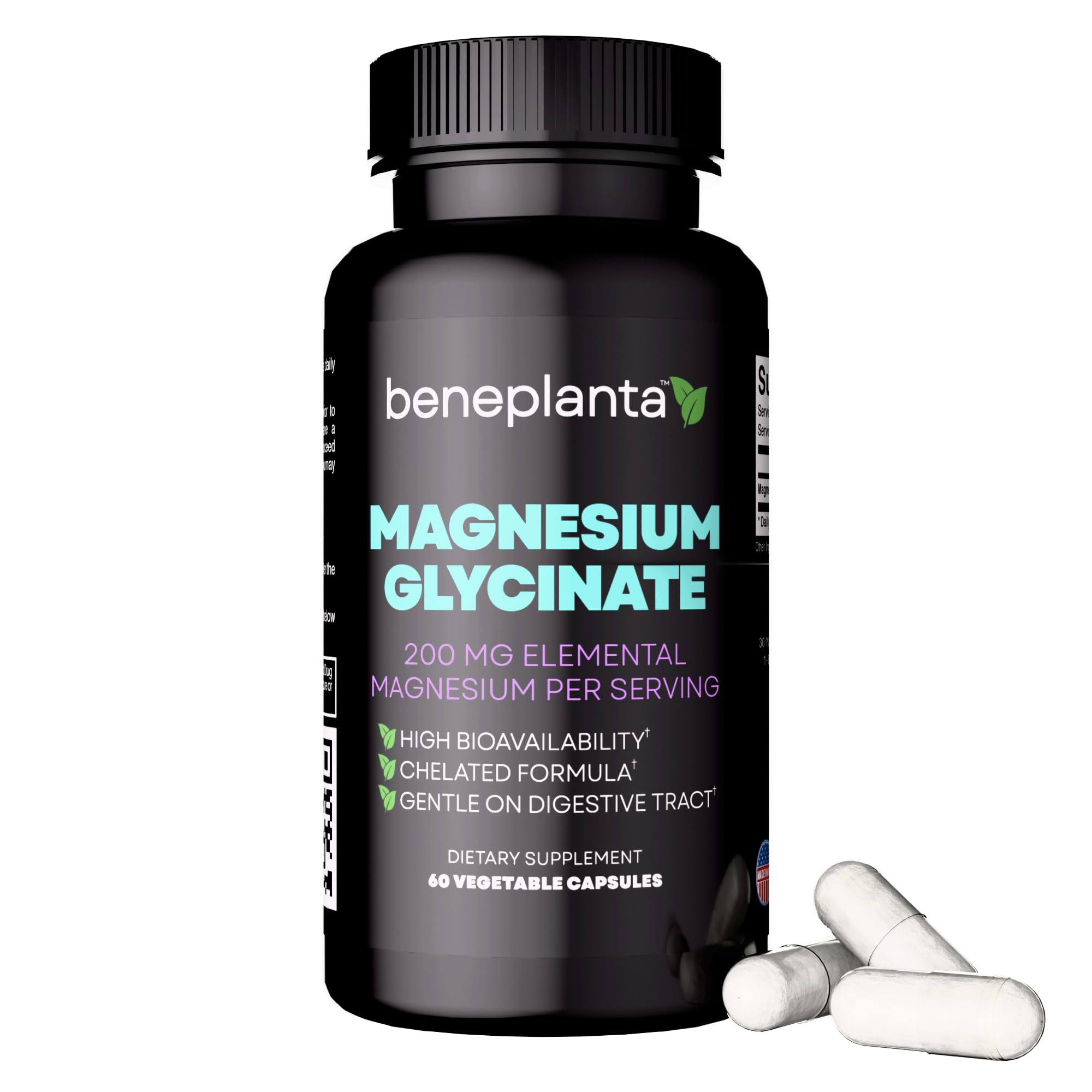 Beneplanta Magnesium Glycinate bottle offers gentle daily magnesium support for easy use.