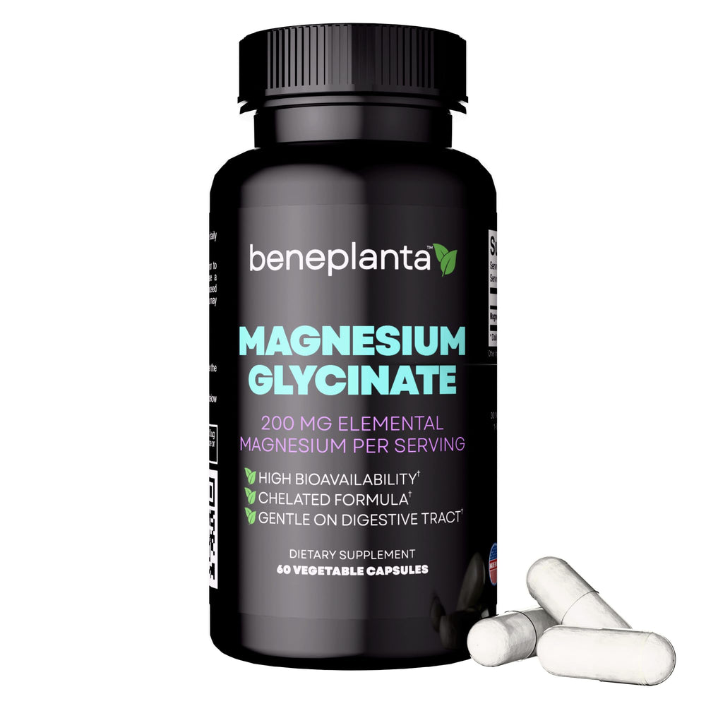 Beneplanta Magnesium Glycinate bottle offers gentle daily magnesium support for easy use.