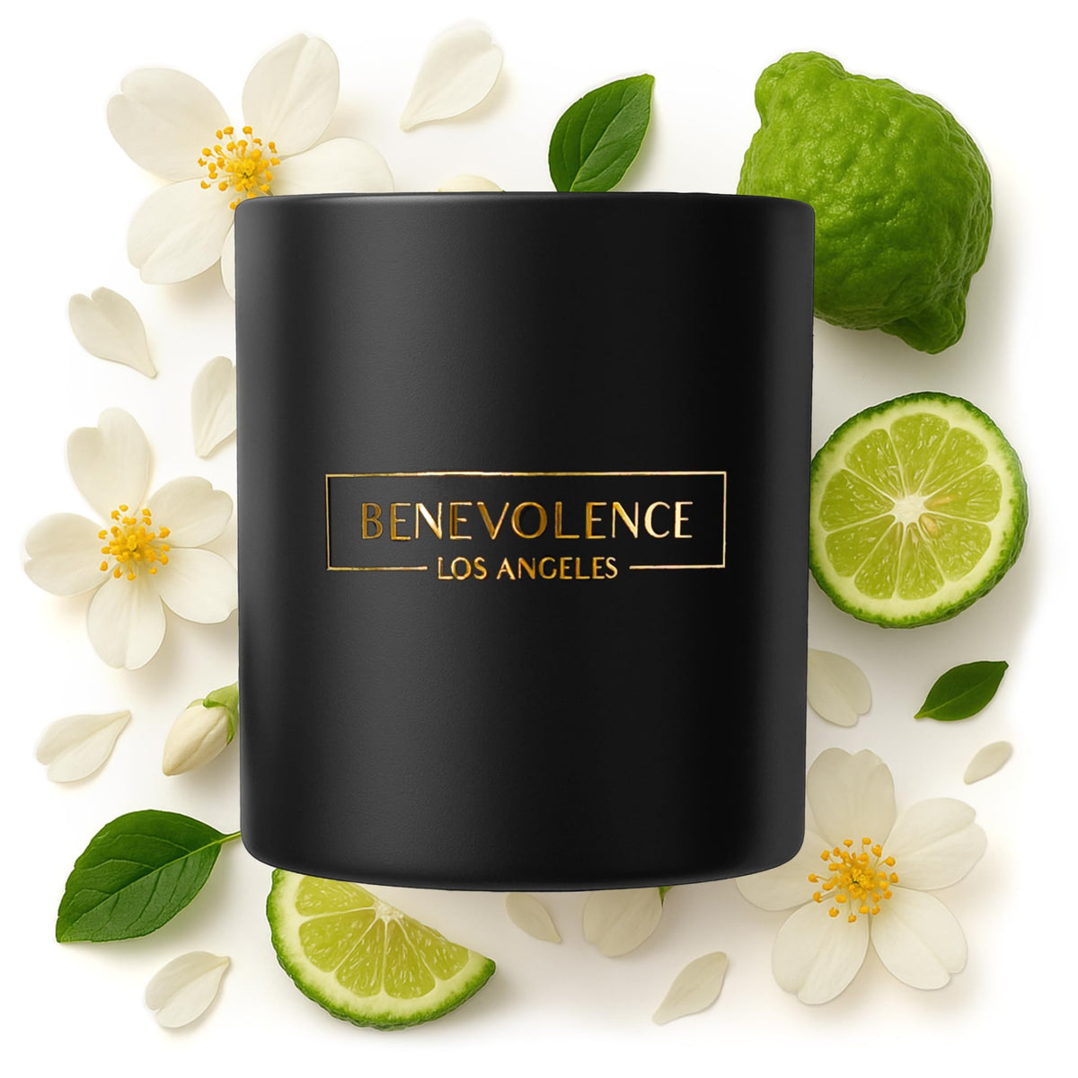 Benevolence LA Bergamot Jasmine candle front view enhances cozy holiday ambiance.