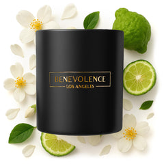 Benevolence LA Bergamot Jasmine candle front view enhances cozy holiday ambiance.
