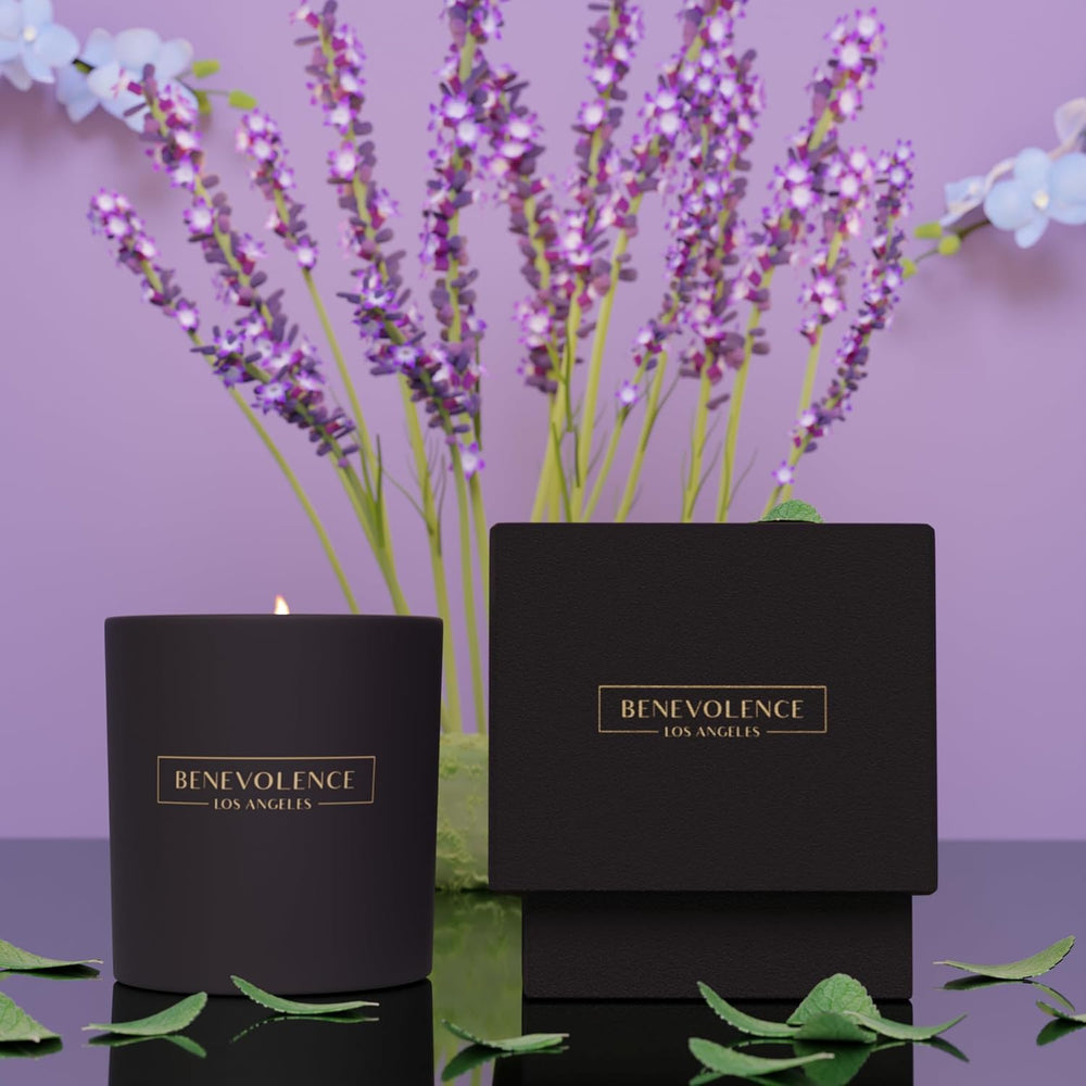 Benevolence LA black holiday candle with embossed label for elegant home ambiance.