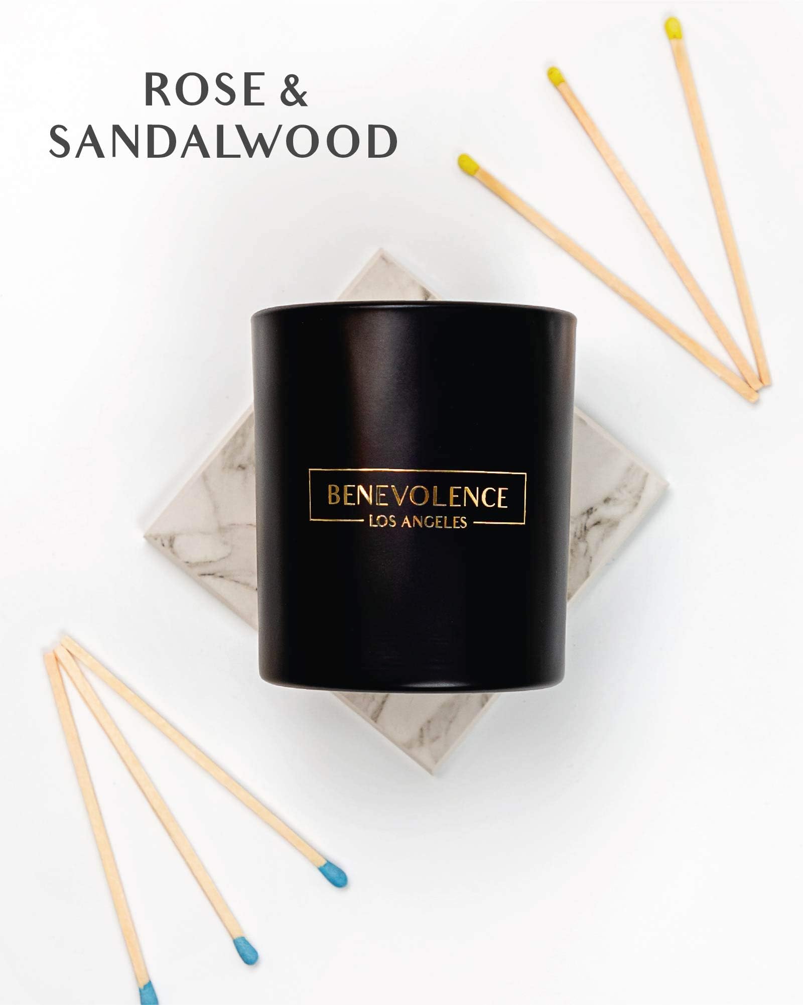 Benevolence LA candle label highlighting 45-hour burn offers long-lasting fragrance.