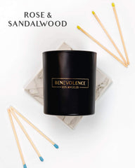Benevolence LA candle label highlighting 45-hour burn offers long-lasting fragrance.