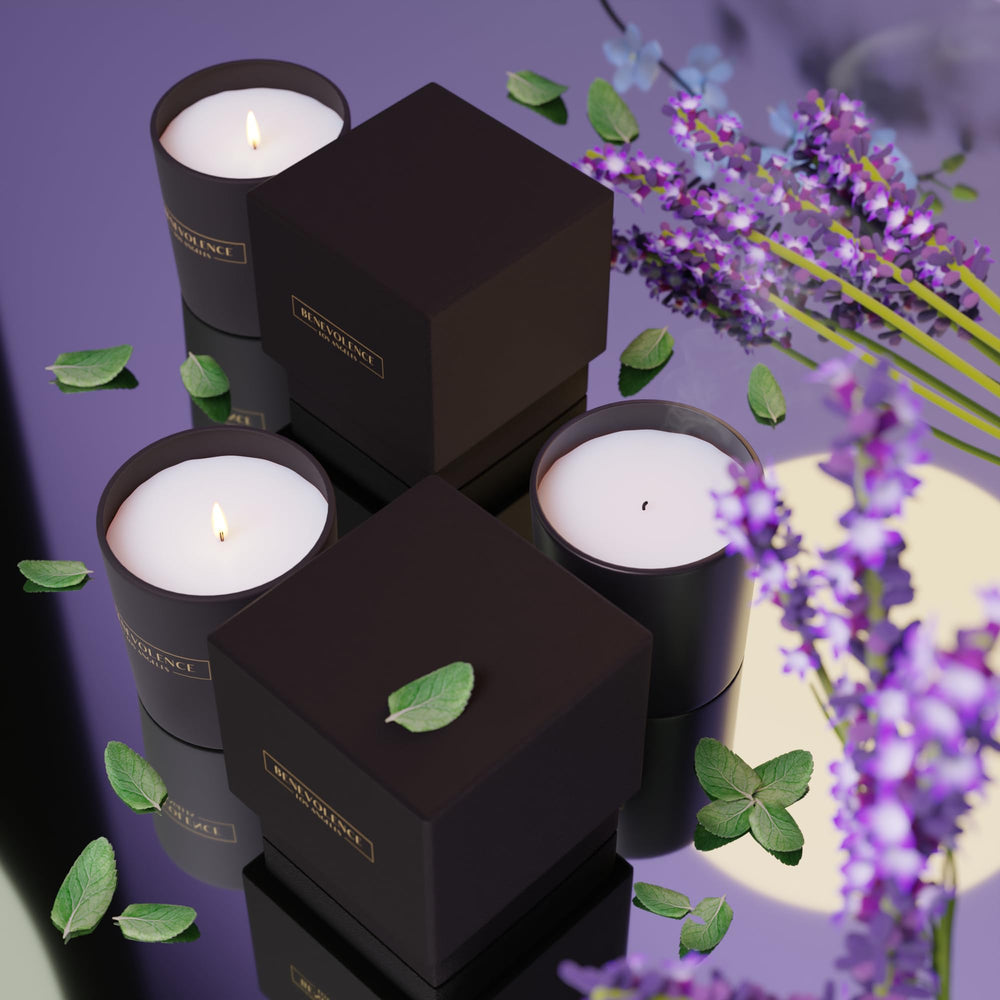 Lit Benevolence LA lavender mint sage candle creates warm, relaxing ambiance.