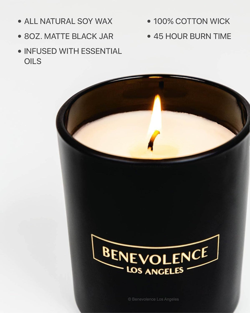 Benevolence LA Rose & Sandalwood candle lit creates a warm, inviting ambience.
