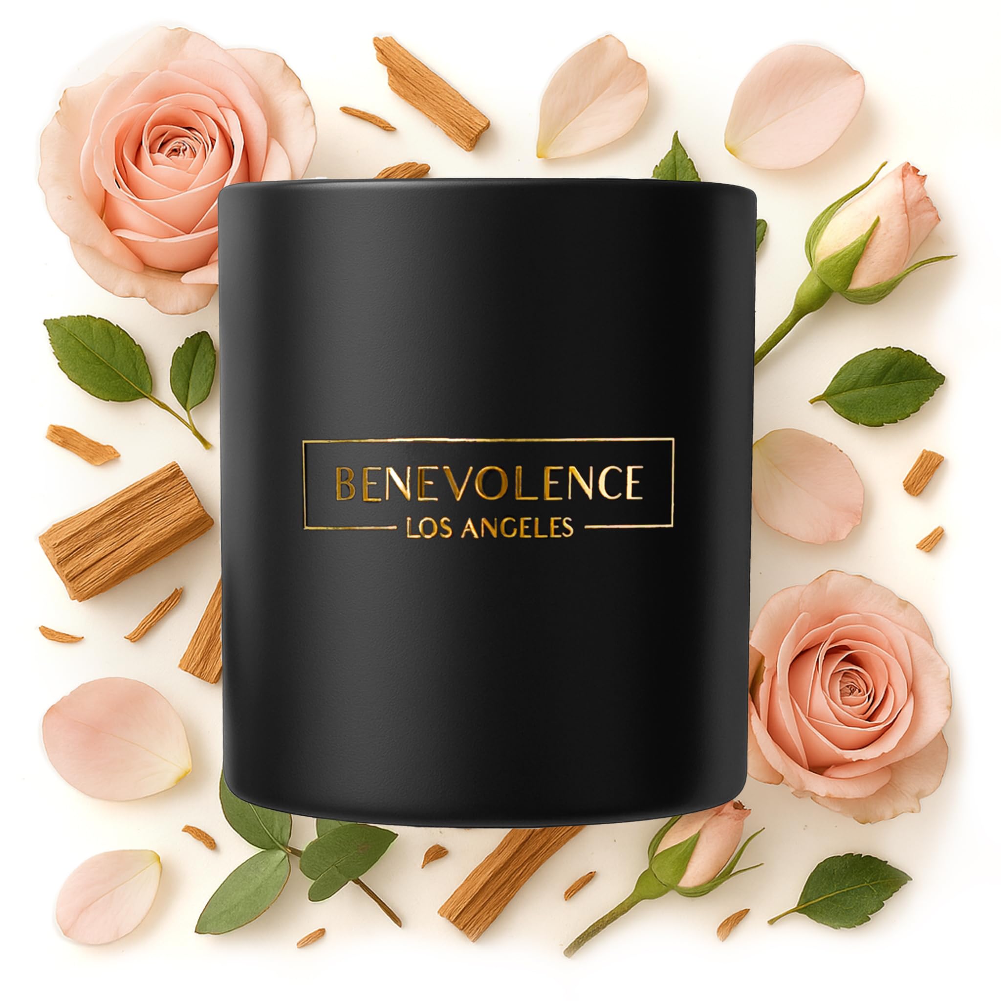 Benevolence LA Rose & Sandalwood candle in a black jar fills rooms with elegant floral-woody aroma.