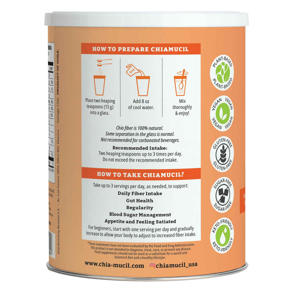 Benexia Chiamucil dissolving in water shows a sugar-free, vegan fiber option