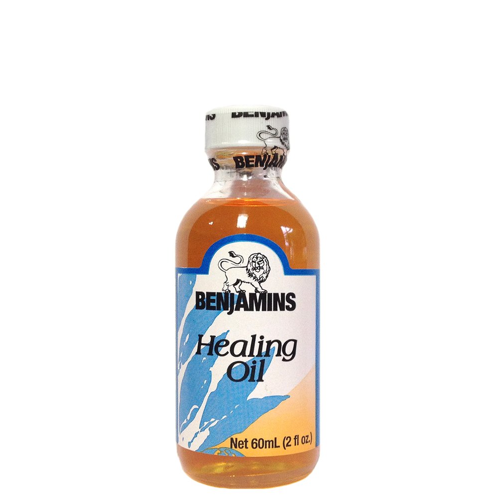 Benjamins Healing Oil 2oz bottle provides soothing massage aid for tense muscles.