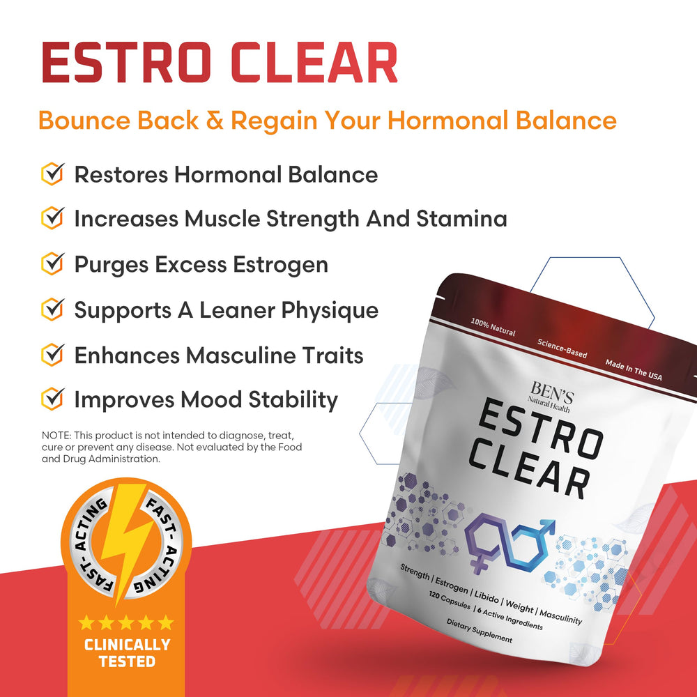 Ben's Natural Health Estro Clear bottle back label and ingredient list for estrogen management