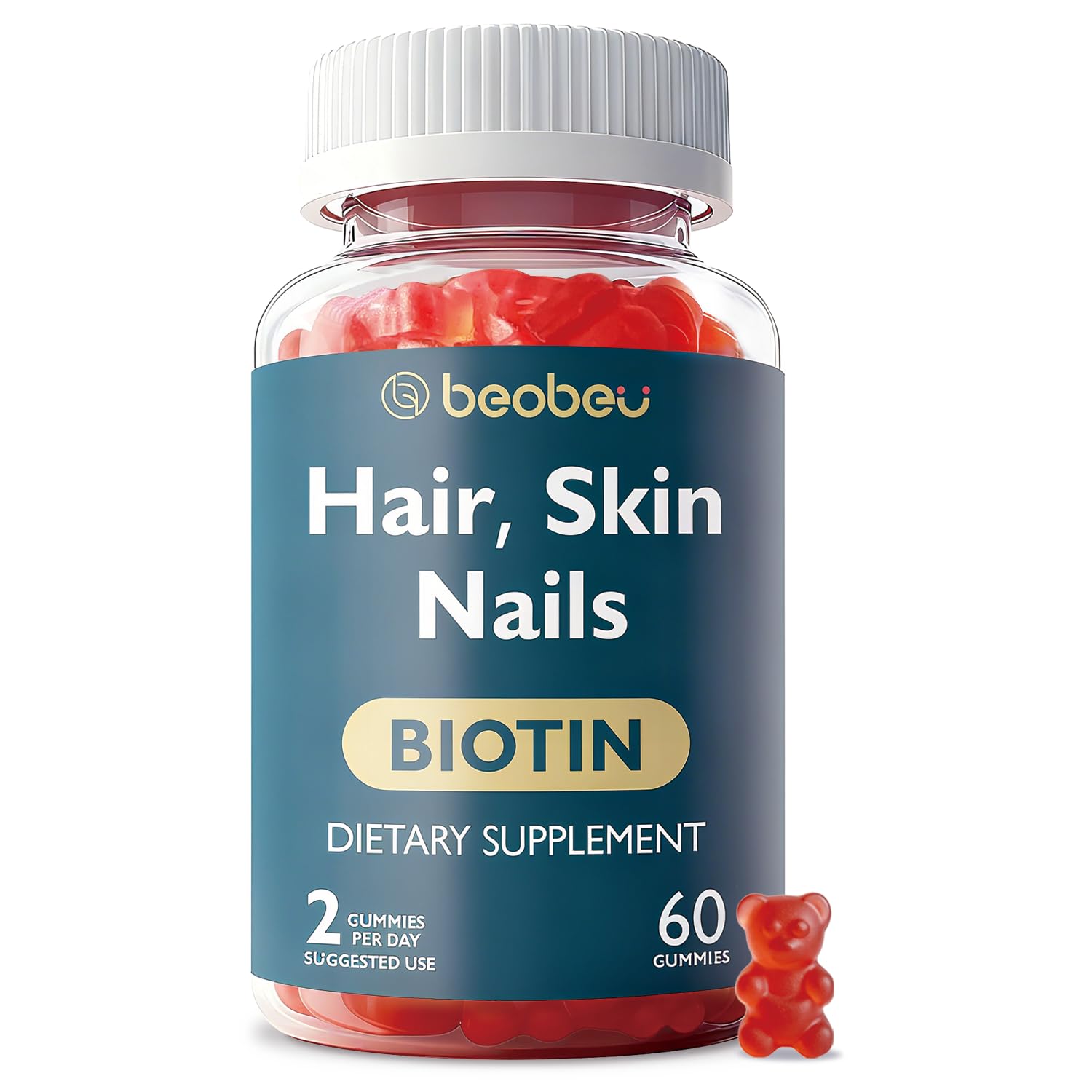 Beobeu Biotin Gummies bottle front shows branding and daily beauty support.