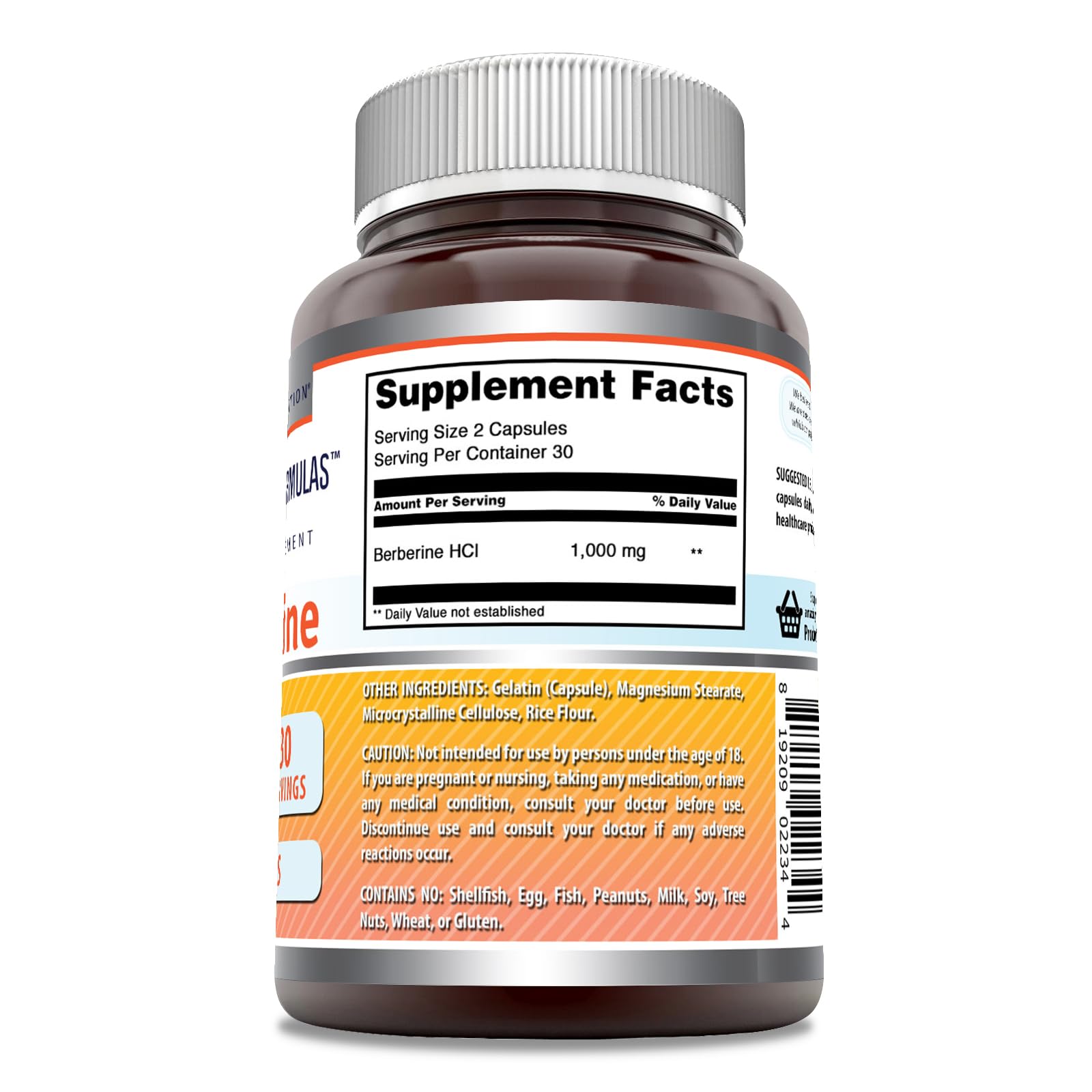Berberine 1000mg packaging with third-party testing badge and gluten-free label.