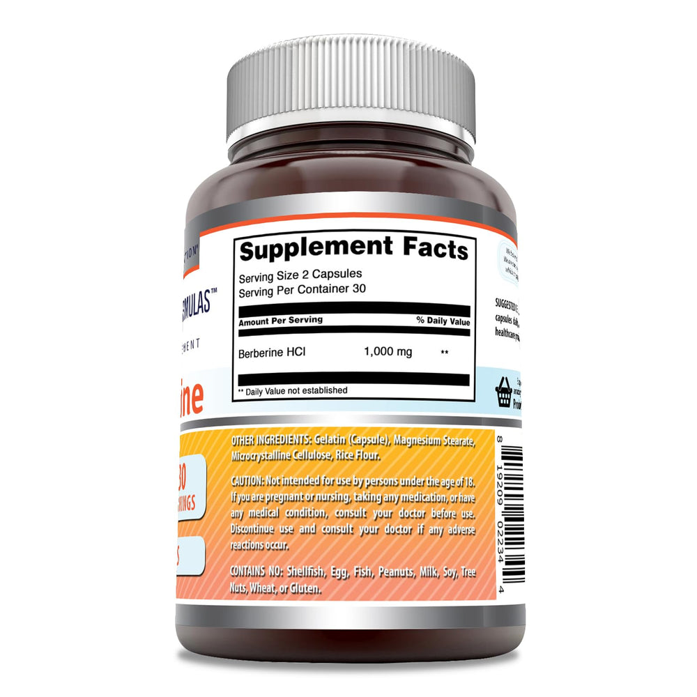 Berberine 1000mg packaging with third-party testing badge and gluten-free label.